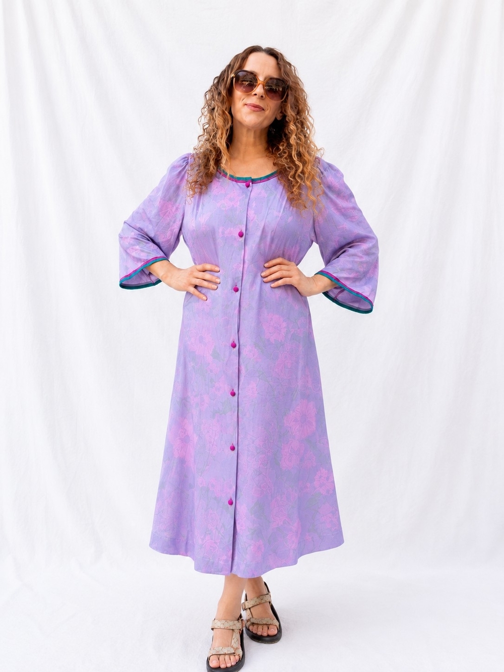 Vintage 1970s Lorraine Floral Satin Robe Housecoat Purple Teal